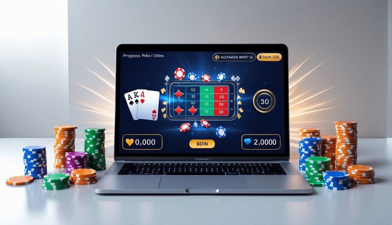Sebuah laptop menampilkan permainan poker online dengan chip poker dan kartu bermain di sekitarnya, serta meter jackpot yang menunjukkan angka yang meningkat.