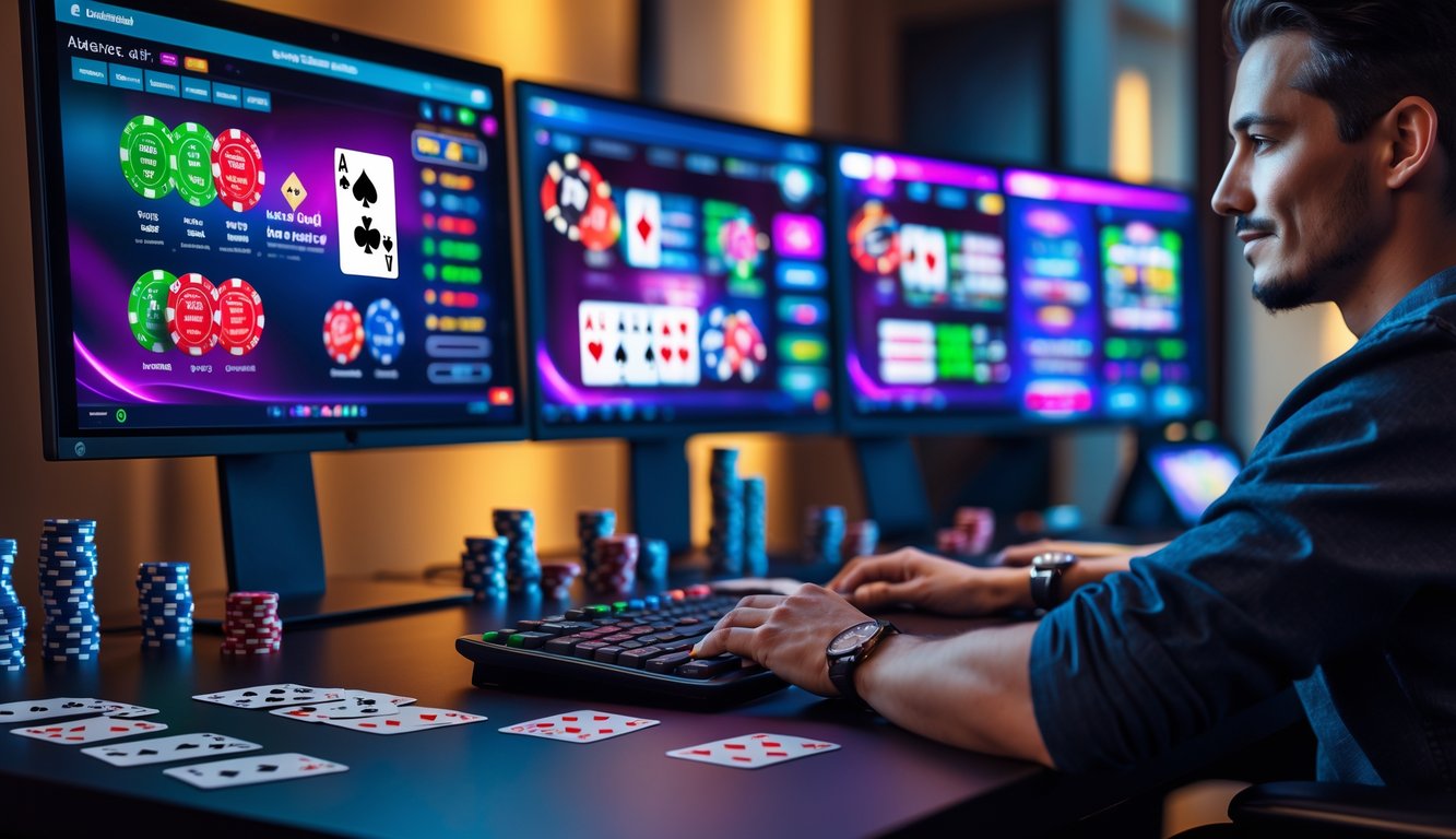 Seorang pemain poker online fokus bermain di depan layar komputer dengan tumpukan chip dan kartu poker di meja.