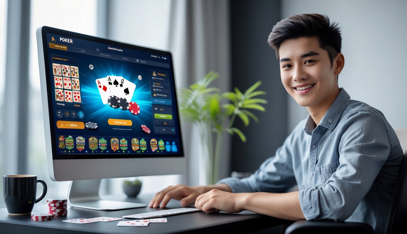 Seorang pemuda duduk di depan komputer dengan layar menampilkan permainan poker online, di meja terdapat chip poker dan kartu remi.
