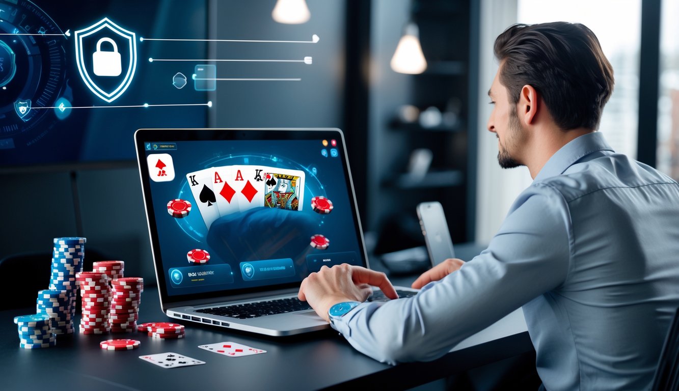 Seseorang duduk di depan laptop dengan permainan poker online di layar, dikelilingi oleh chip poker dan kartu, menunjukkan suasana permainan poker online yang aman dan terpercaya.