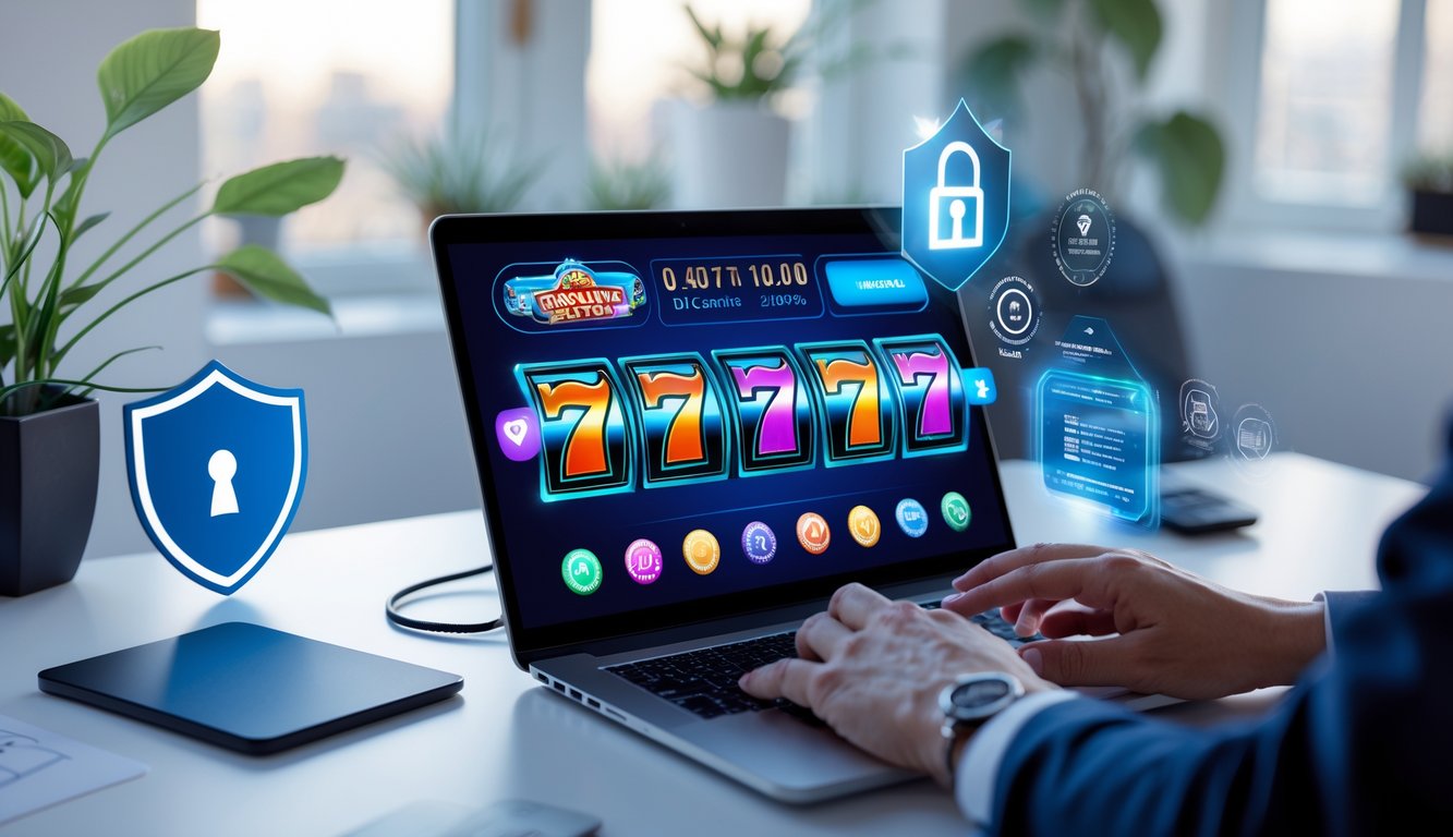 Seorang pengguna sedang bermain slot online terpercaya di laptop di meja kerja yang rapi dengan pencahayaan alami.