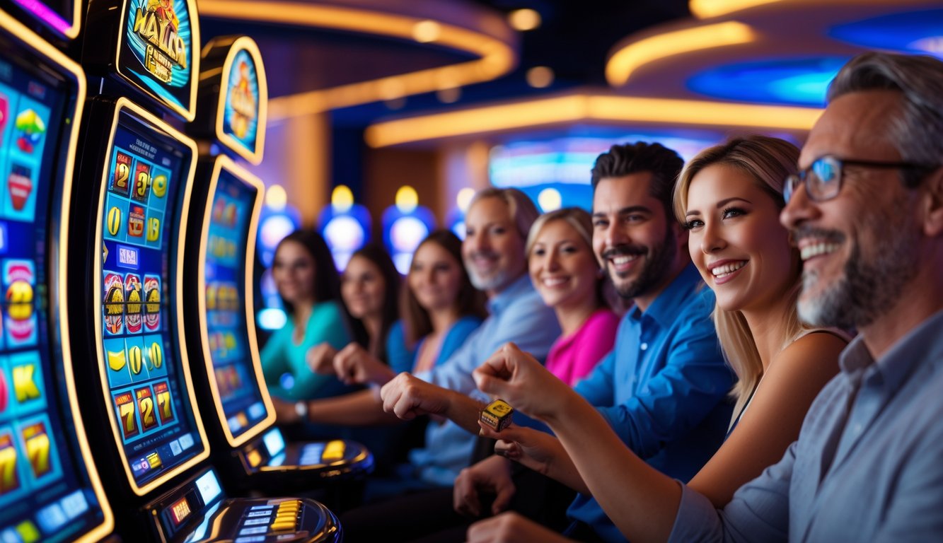 Orang-orang bermain mesin slot di dalam kasino dengan suasana ceria dan mesin yang berwarna-warni.