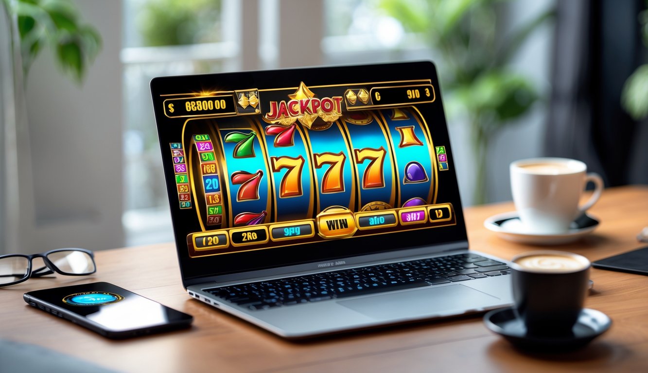 Sebuah laptop di atas meja kayu menampilkan permainan slot online dengan simbol berwarna cerah yang sedang berputar.