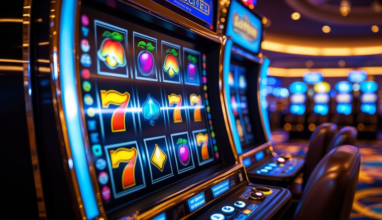 Mesin slot modern dengan simbol berwarna-warni di dalam lingkungan kasino yang ramai dan hangat.