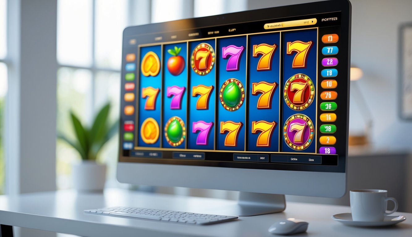 Layar komputer menampilkan mesin slot online dengan gulungan warna-warni di sebuah ruang kerja rumah yang terang dan rapi.