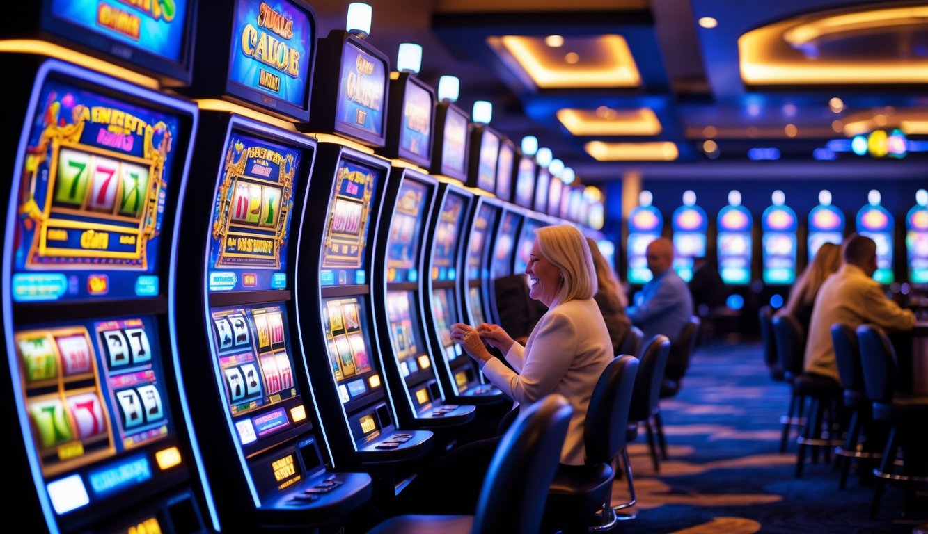 Orang-orang bermain mesin slot di kasino modern dengan pencahayaan cerah dan suasana ramai.