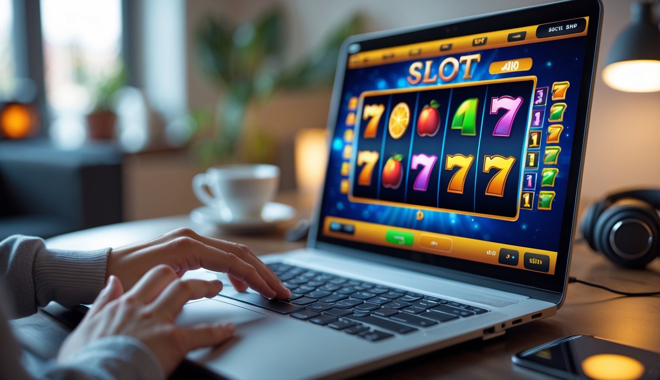 Seorang pengguna sedang bermain permainan slot online di komputer dengan tampilan mesin slot berwarna-warni di layar.
