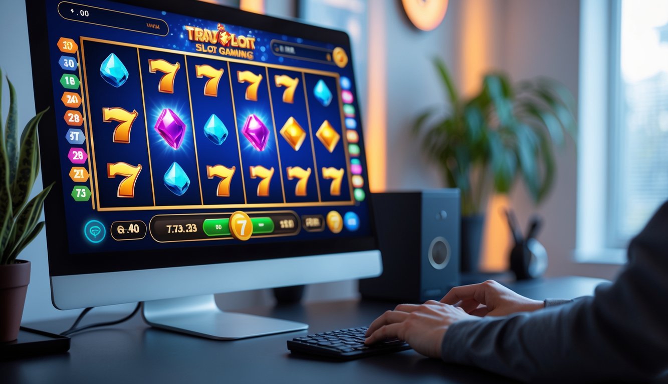 Seseorang bermain permainan slot online di komputer dalam ruangan yang rapi dan terang.