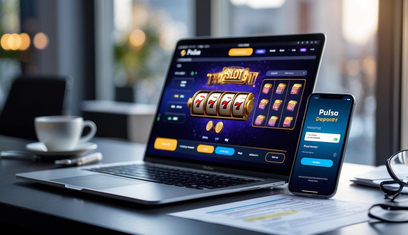 Seorang pengguna sedang melakukan transaksi deposit pulsa untuk permainan slot online menggunakan laptop dan ponsel di meja kerja.