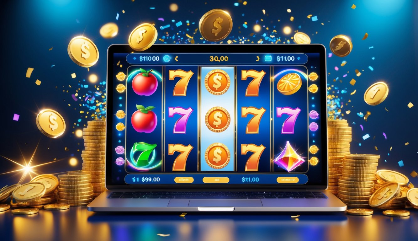 Layar komputer menampilkan permainan mesin slot online dengan simbol warna-warni dan koin emas yang bersinar di sekitarnya.