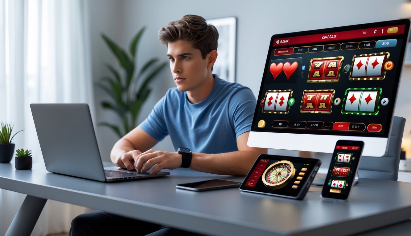 Seseorang duduk di meja dengan beberapa perangkat digital menampilkan permainan kasino online dalam suasana ruangan yang rapi dan nyaman.