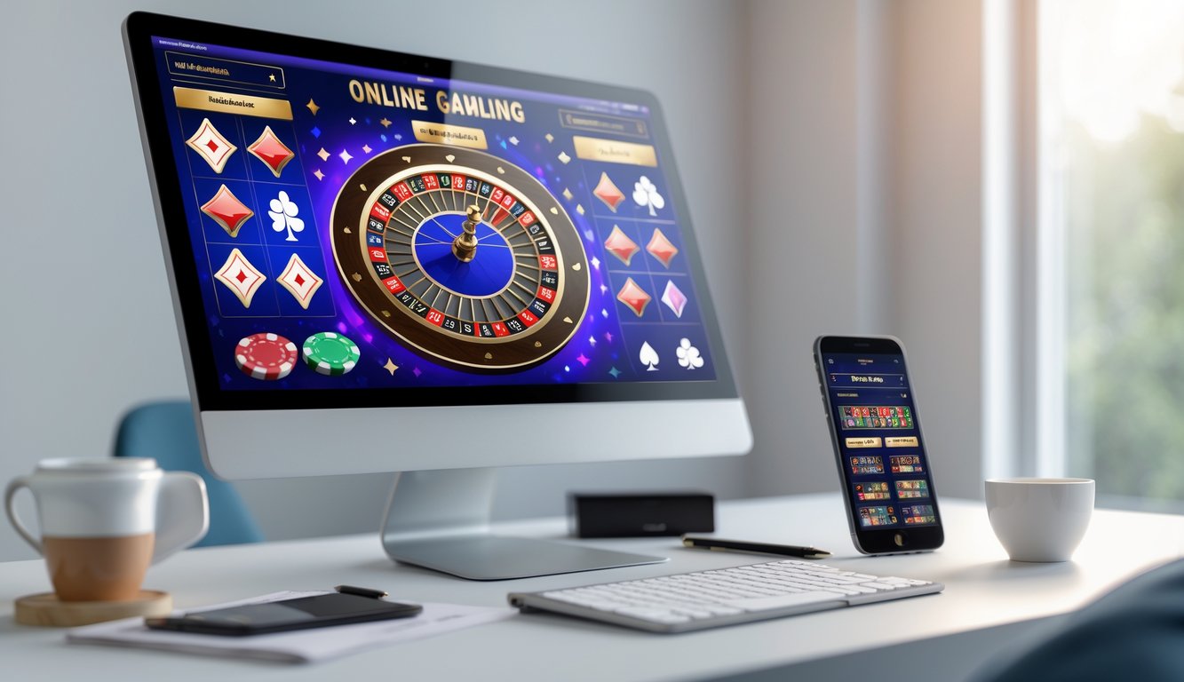 Seorang pria menggunakan laptop dengan tampilan permainan judi online di layar, di meja terdapat kopi dan ponsel.