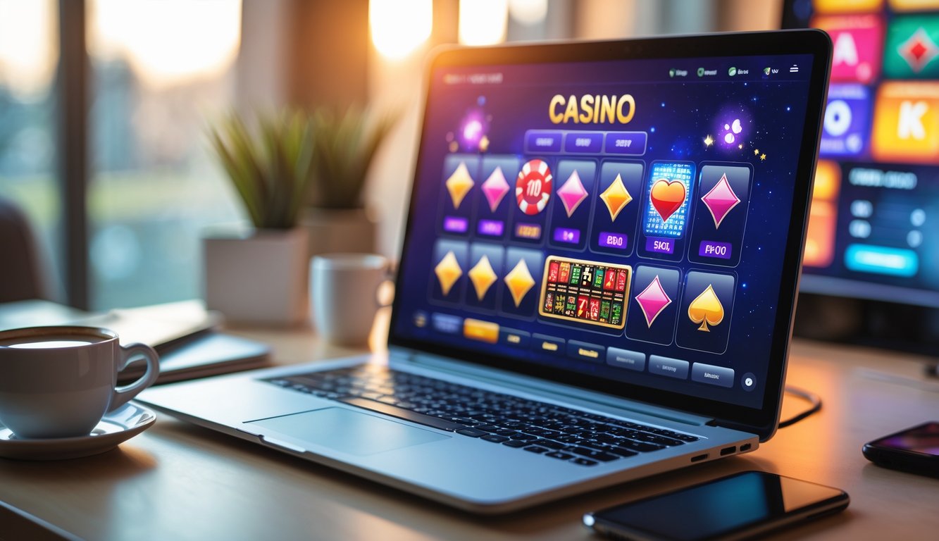 Seorang pengguna sedang bermain permainan judi online di depan komputer dengan suasana nyaman dan teratur.