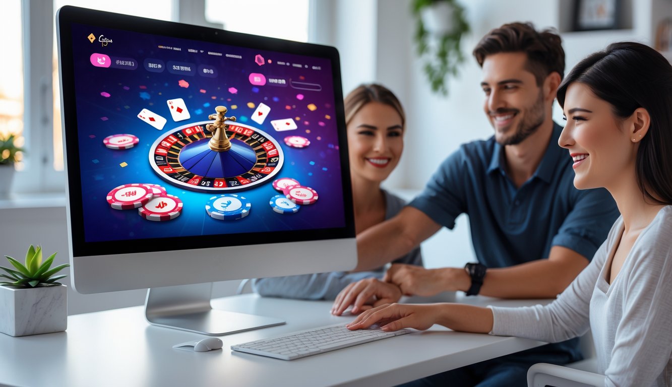 Seorang pria dan wanita muda sedang menggunakan komputer yang menampilkan permainan judi online di sebuah ruang kerja modern.