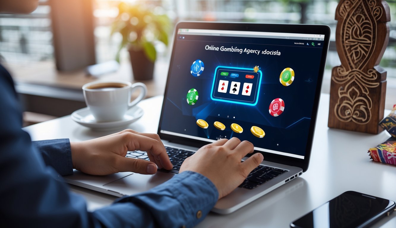 Meja kerja dengan laptop yang menampilkan platform judi online, tangan seseorang sedang menggunakan laptop, dengan elemen budaya Indonesia di latar belakang.