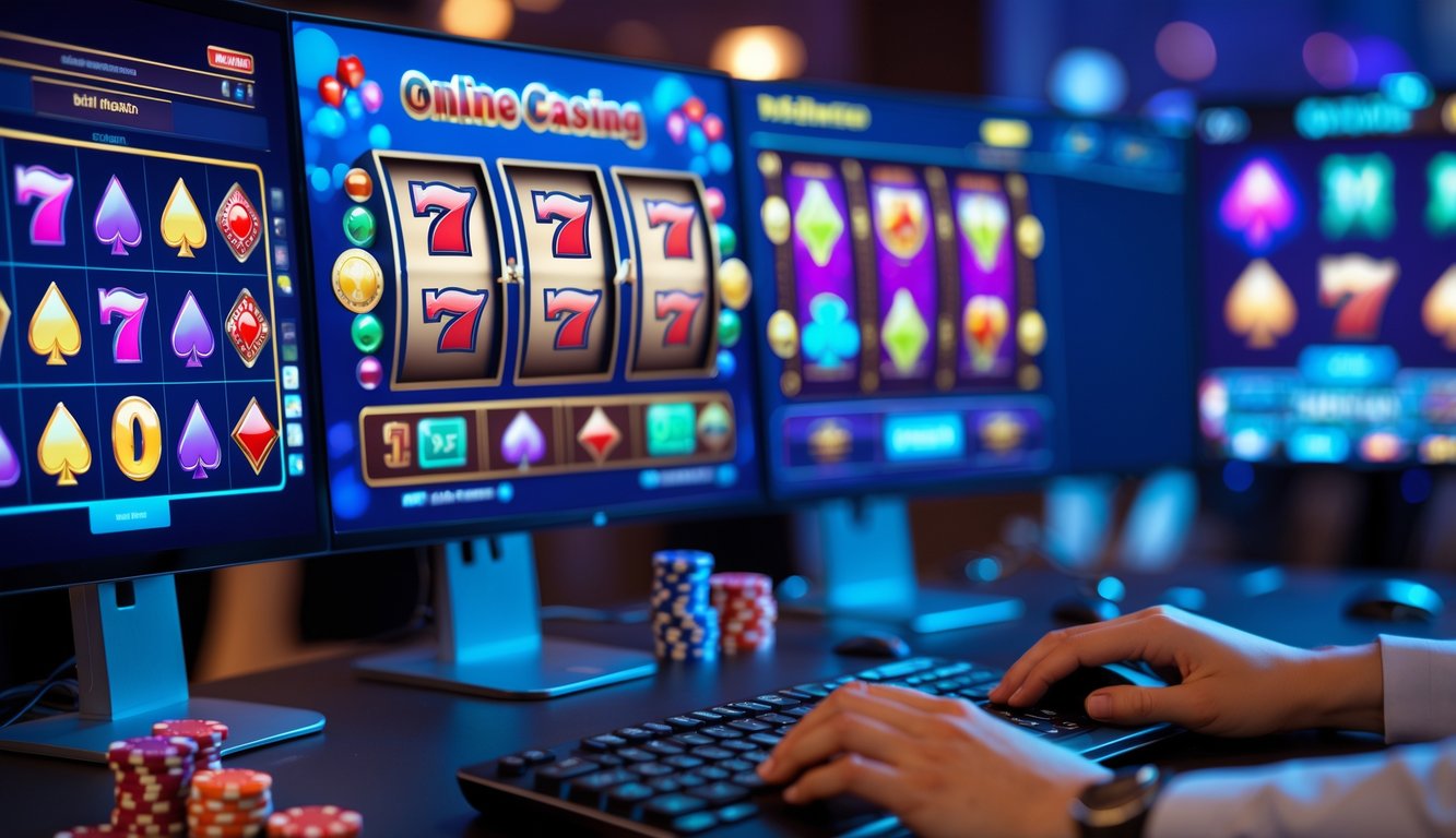 Orang menggunakan komputer dengan layar menampilkan permainan slot dan kasino online.