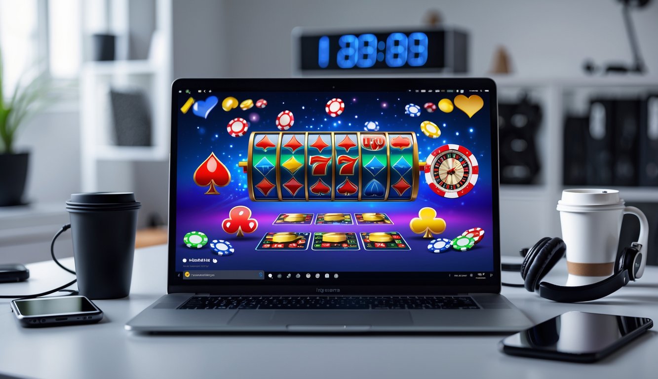 Sebuah kantor rumah dengan laptop yang menampilkan permainan kasino online dan jam digital yang menunjukkan waktu malam hari.