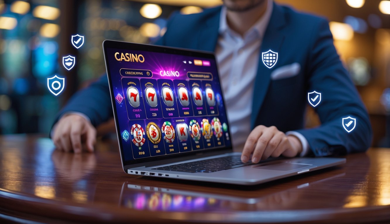 Seorang pengguna laptop di meja kayu dengan tampilan permainan kasino online di layar, dikelilingi simbol keamanan dan suasana yang nyaman.