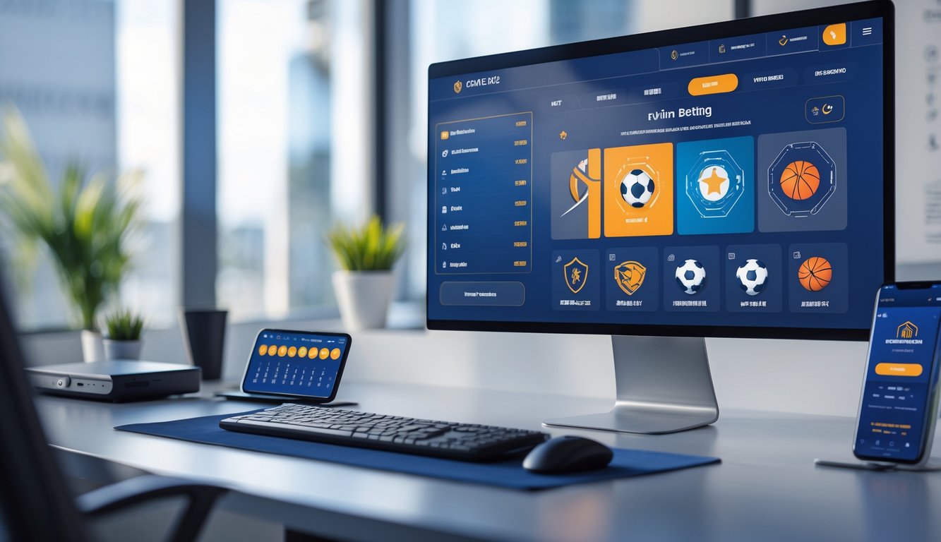 Sebuah ruang kerja modern dengan komputer yang menampilkan antarmuka taruhan olahraga online yang terpercaya.