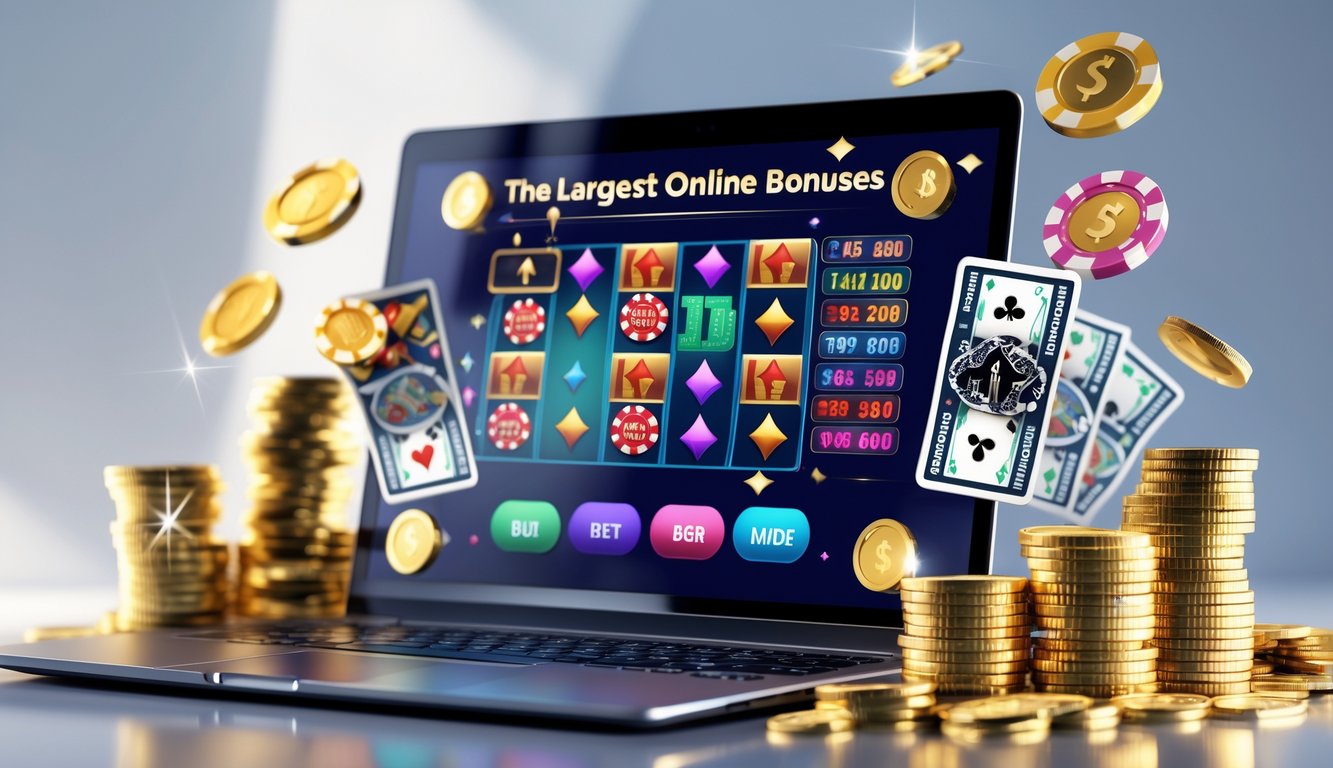 Sebuah laptop menampilkan antarmuka kasino online dengan tumpukan koin emas dan chip kasino di sekitarnya.