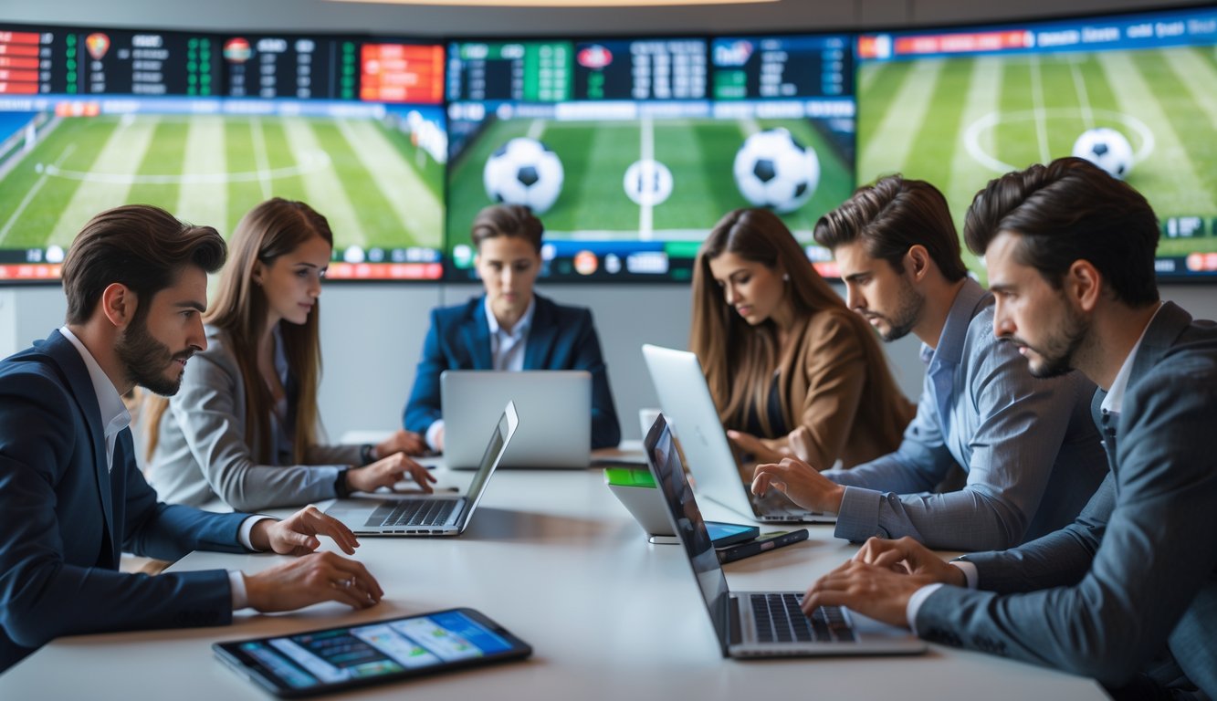 Beberapa orang muda sedang menggunakan perangkat elektronik untuk memasang taruhan pada pertandingan sepak bola yang ditampilkan di layar besar.