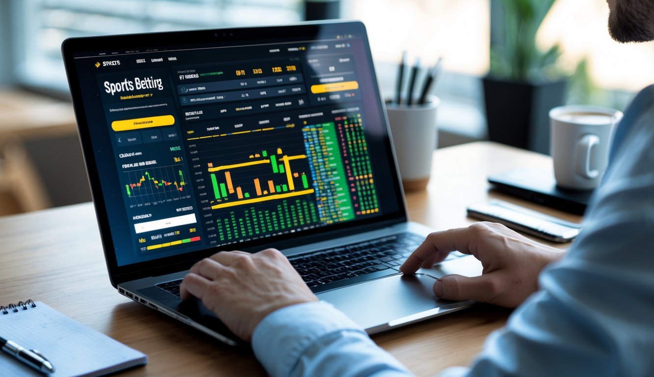 Seorang pria menggunakan laptop di meja kerja dengan tampilan situs taruhan olahraga online, dikelilingi oleh ponsel, kopi, dan alat tulis.