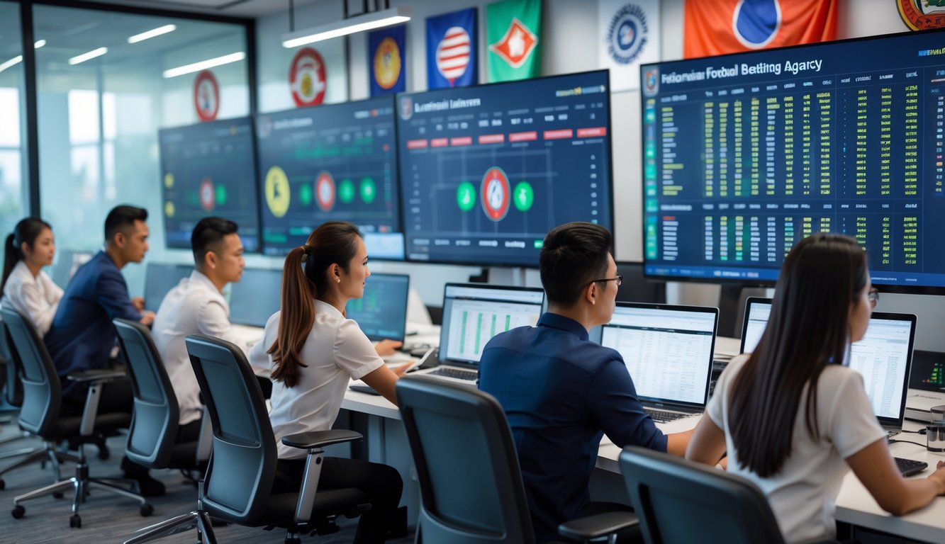 Sekelompok orang sedang bekerja di kantor modern dengan layar komputer yang menampilkan data dan statistik pertandingan sepak bola.