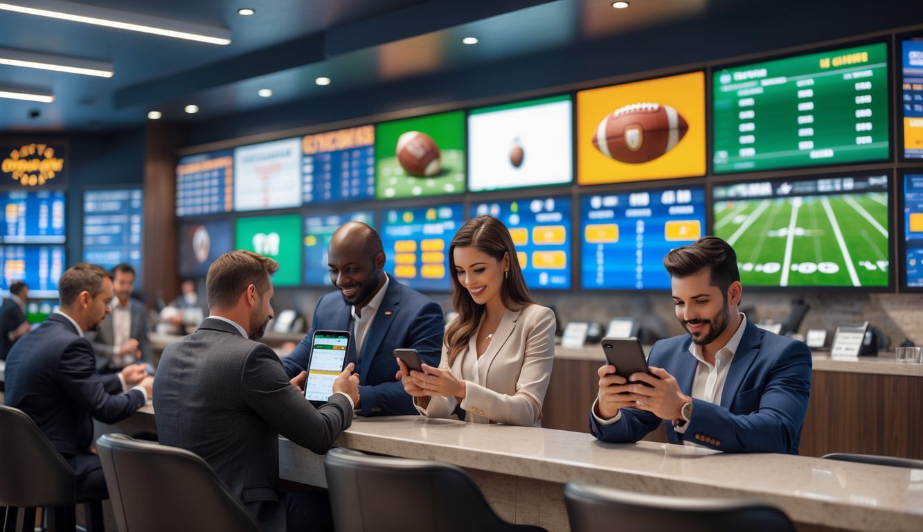 Suasana ruang taruhan olahraga resmi dengan beberapa orang menggunakan ponsel dan tablet untuk memasang taruhan, layar besar menampilkan berbagai pertandingan olahraga.