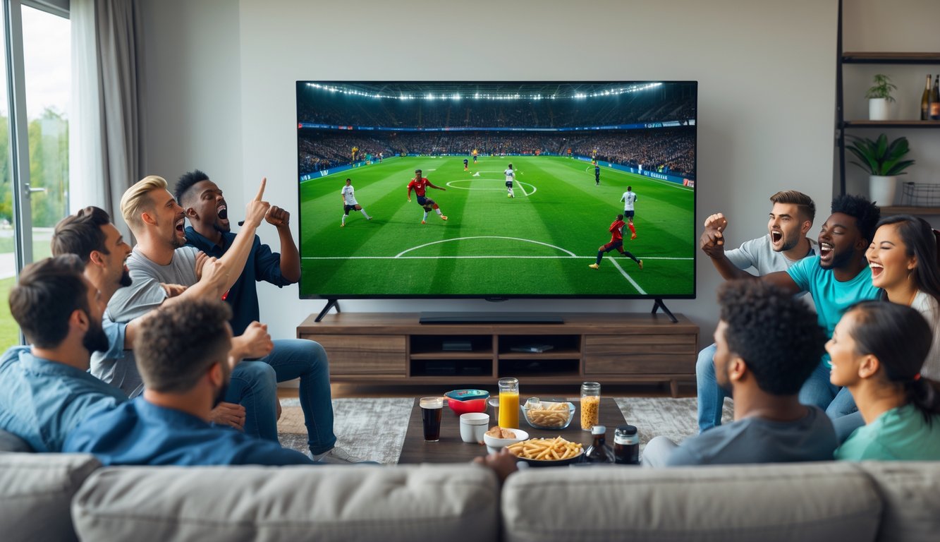 Sekelompok orang muda menonton pertandingan sepak bola langsung di ruang tamu dengan ekspresi antusias dan meja dengan camilan di depan mereka.