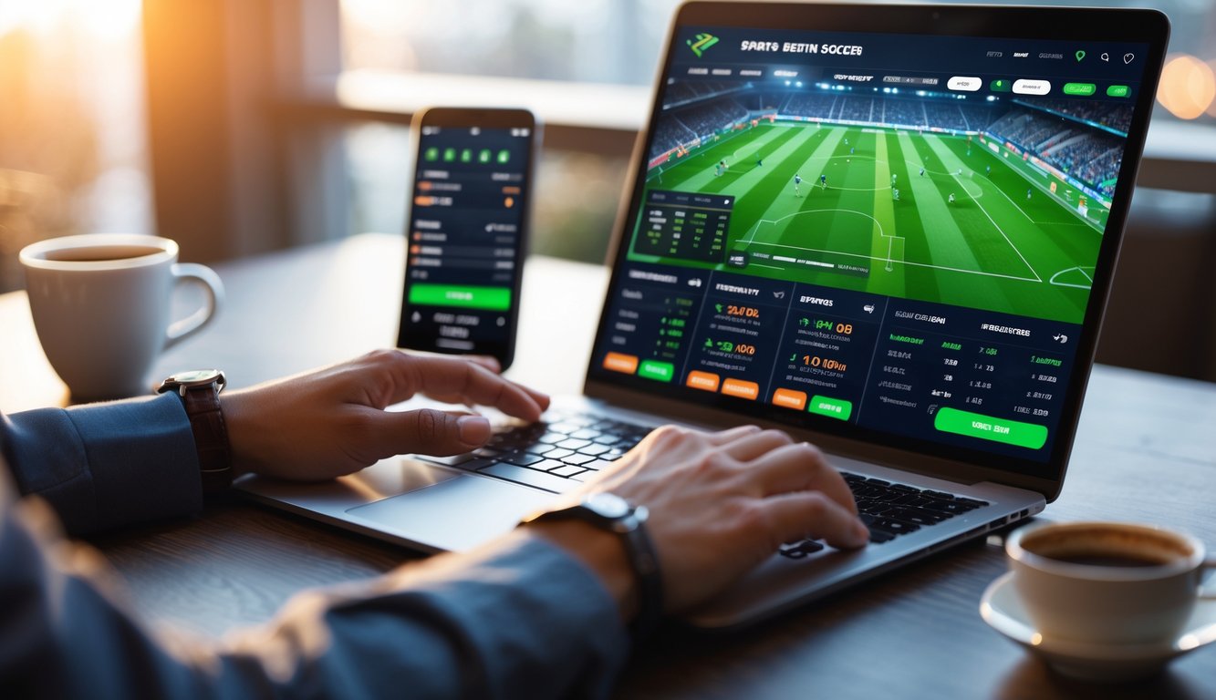 Seseorang menggunakan laptop dengan tampilan taruhan sepak bola online di meja kerja.