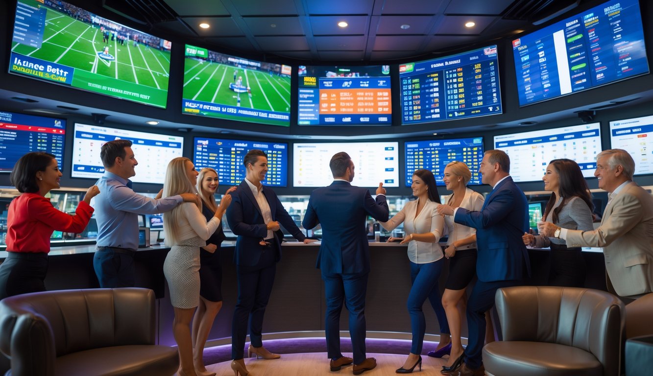 Sekelompok orang sedang melihat layar besar menampilkan berbagai acara olahraga dan memasang taruhan di lingkungan taruhan olahraga yang modern.