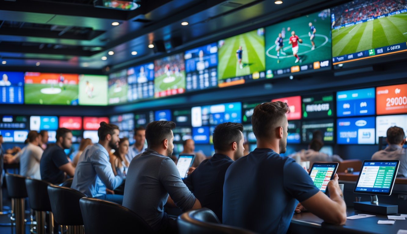 Orang-orang menonton pertandingan sepak bola dan olahraga di ruang taruhan dengan layar besar dan perangkat digital.