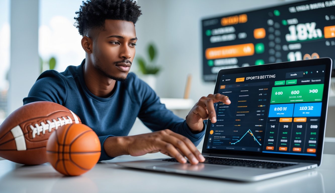 Seorang dewasa muda menggunakan laptop di meja kerja dengan tampilan situs taruhan olahraga online dan perlengkapan olahraga di latar belakang.