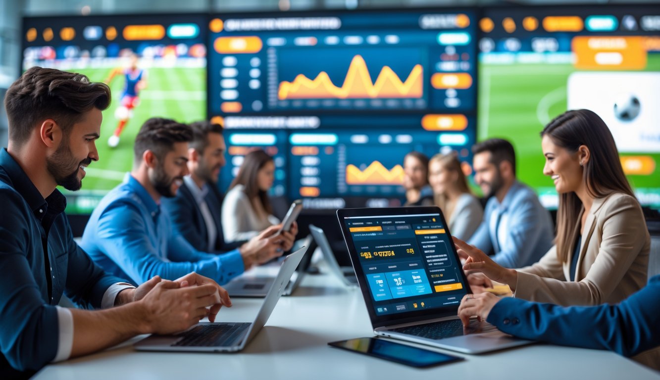 Beberapa orang menggunakan perangkat digital untuk bertaruh pada olahraga di lingkungan taruhan modern dengan layar besar menampilkan pertandingan sepak bola dan bola basket.