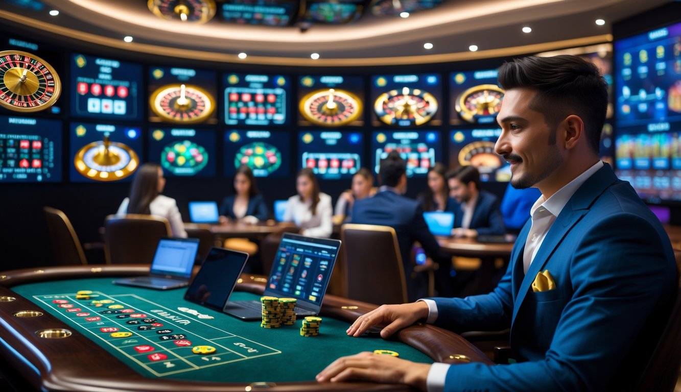 Seorang dealer profesional di kasino online dengan pemain yang menggunakan laptop dan ponsel dalam suasana yang mewah dan modern.