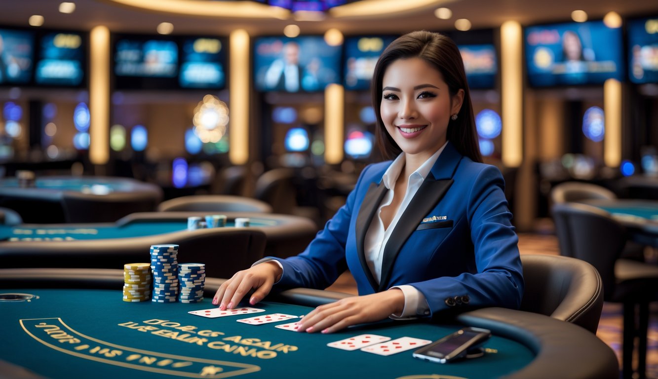 Seorang dealer kasino profesional duduk di meja permainan dengan kartu dan chip, di latar belakang suasana kasino modern yang mewah.