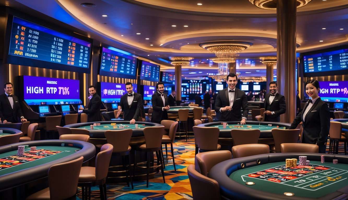 Suasana kasino langsung dengan meja permainan dan dealer yang ramah, menampilkan layar digital dengan statistik permainan di latar belakang.