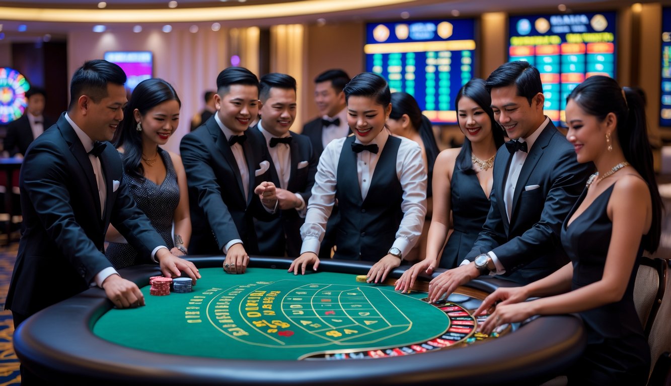 Suasana kasino langsung di Indonesia dengan dealer dan pemain yang sedang bermain di meja poker dan roda roulette di dalam ruangan kasino yang modern.