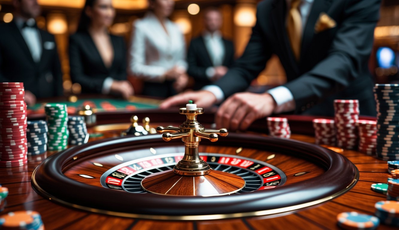 Meja roulette langsung dengan roda roulette berputar dan chip tertata rapi di kasino yang mewah.