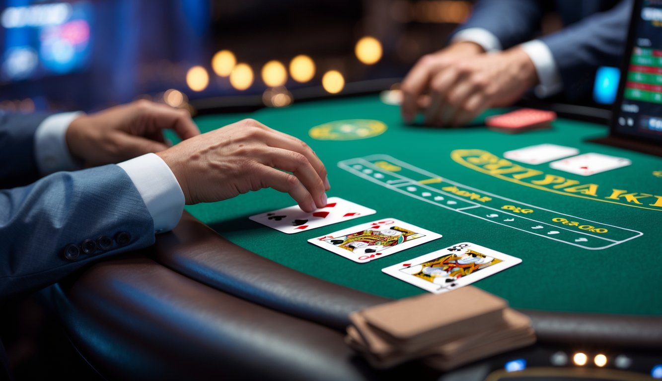 Meja blackjack online dengan kartu dan tangan dealer sedang membagikan kartu.