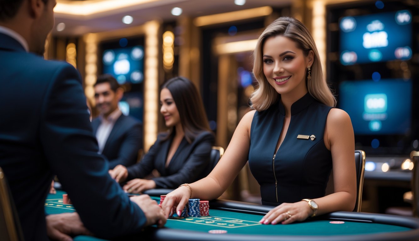 Seorang dealer wanita profesional sedang membagikan kartu di meja kasino yang mewah dengan pemain di sekitarnya.