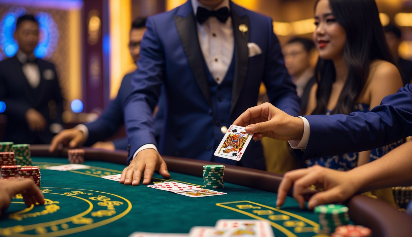 Seorang dealer membagikan kartu di meja baccarat hijau dengan pemain yang memperhatikan di sekitar dalam suasana kasino yang elegan.