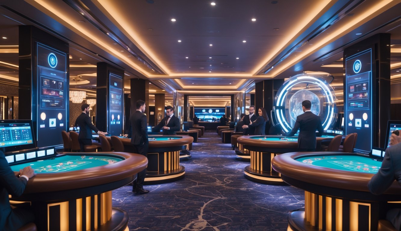 Suasana kasino langsung modern dengan dealer dan pemain yang sedang bermain permainan kasino di meja yang terang dan mewah.