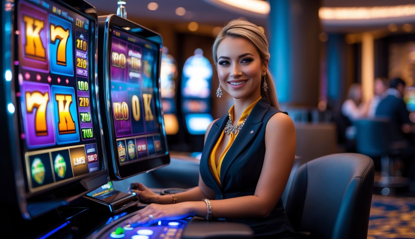 Seorang dealer wanita duduk di meja mesin slot modern dengan layar digital, di latar belakang suasana kasino dengan pemain lain.