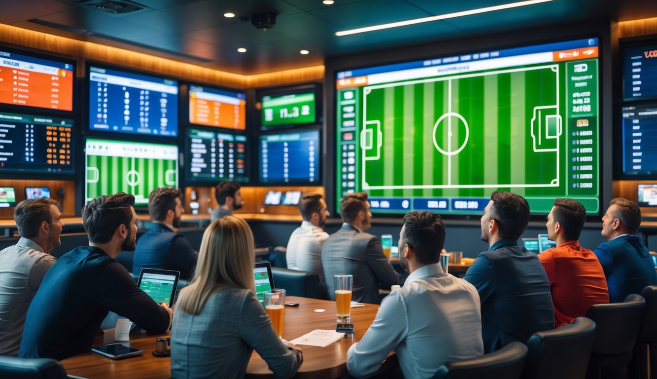 Orang-orang menonton pertandingan sepak bola di ruang taruhan olahraga yang modern dan nyaman.