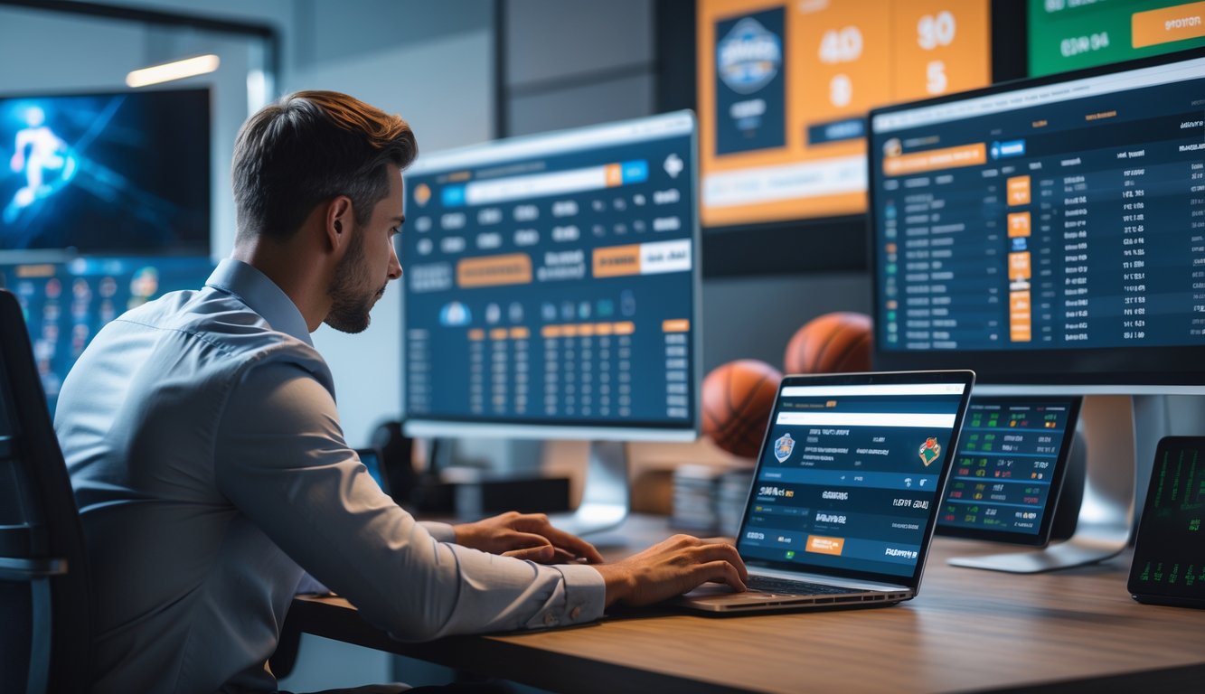 Seorang agen judi olahraga online sedang bekerja dengan komputer dan ponsel di meja kerja modern yang menampilkan pertandingan olahraga di layar.