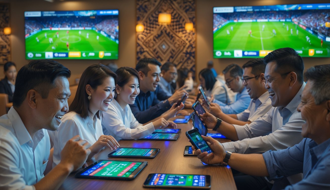 Sekelompok orang Indonesia yang antusias sedang memasang taruhan pada pertandingan sepak bola secara langsung di sebuah ruang taruhan modern dengan layar besar menampilkan pertandingan sepak bola.