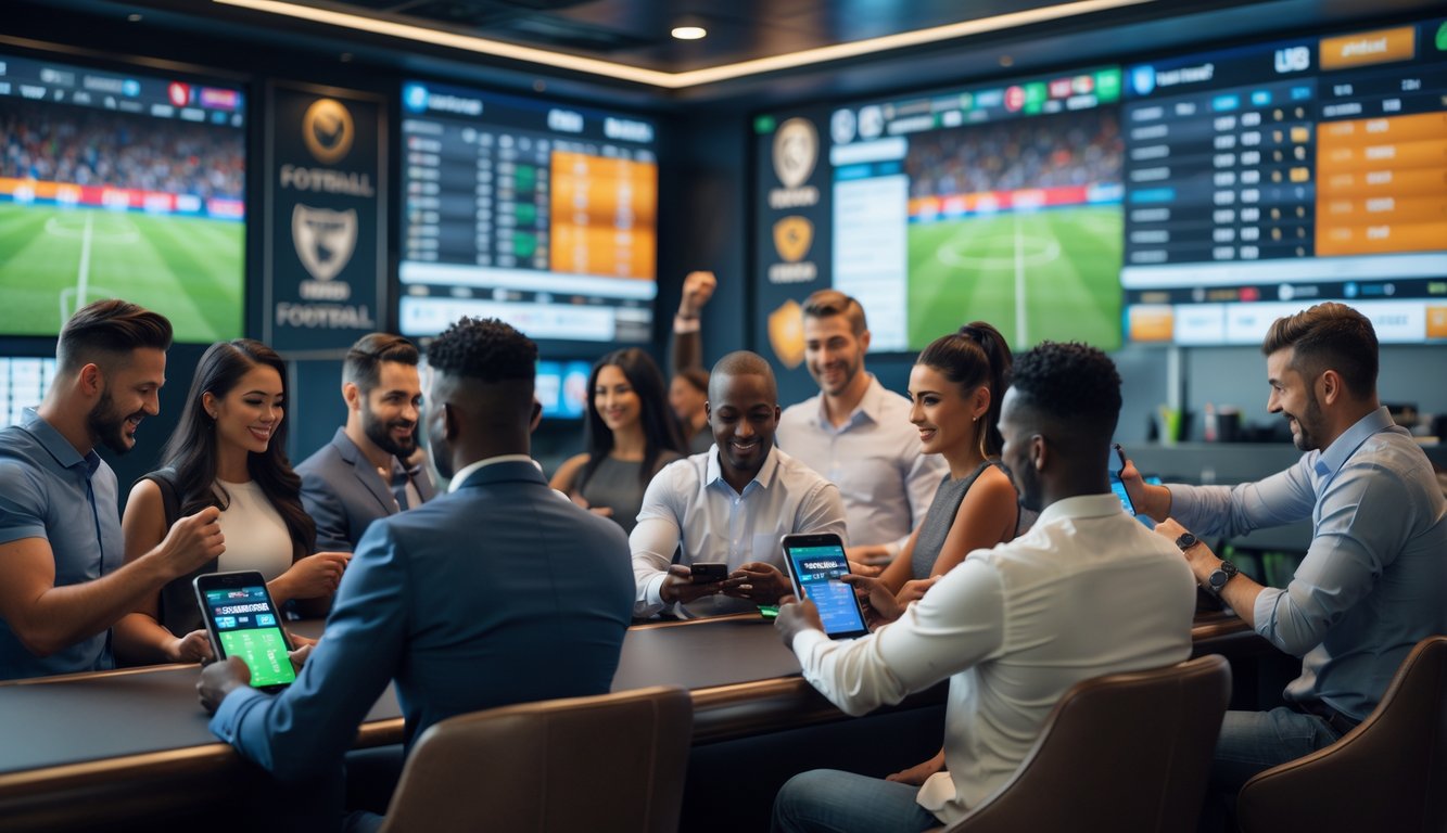 Orang-orang sedang memasang taruhan sepak bola secara resmi menggunakan perangkat digital di sebuah ruang taruhan olahraga yang modern.