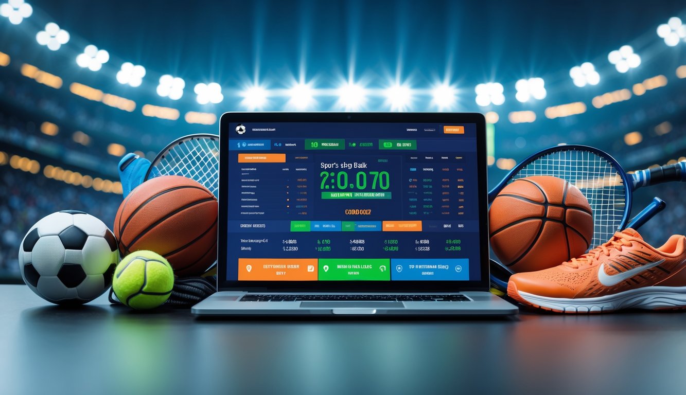 Meja kerja dengan laptop yang menampilkan skor taruhan olahraga dan perlengkapan olahraga seperti bola sepak, bola basket, raket tenis, dan sepatu lari dengan latar belakang stadion yang ramai.