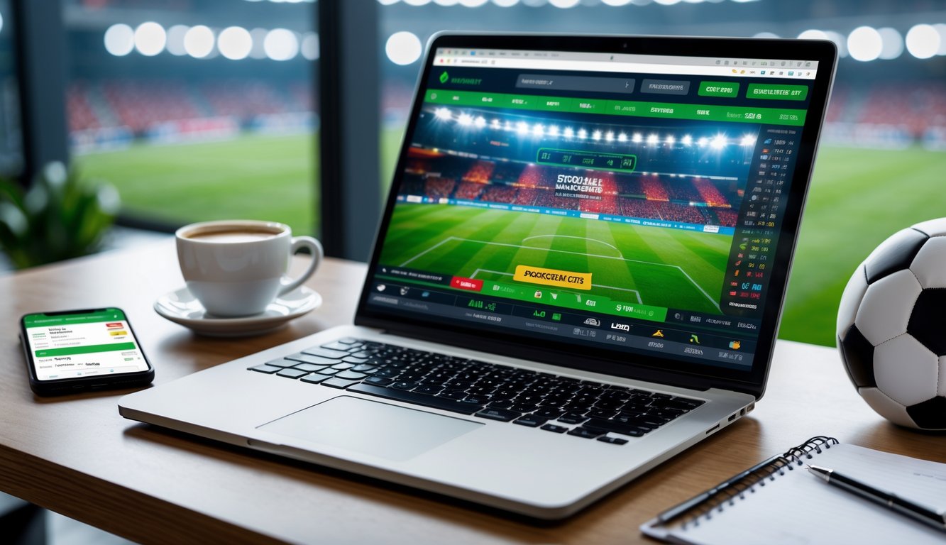 Seorang pria menggunakan laptop dengan tampilan situs taruhan bola online di meja kerja yang rapi, dengan bola sepak di dekatnya dan latar belakang stadion sepak bola yang samar.